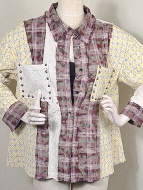 POL Patchwork Mixed Media Button Front Shacket Top Small Boho Plaid Lace Knit